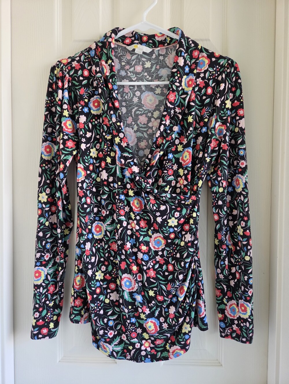 Boden Elodie Faux Wrap Top Size 8 Black Multicolor Floral Long Sleeve Ruched